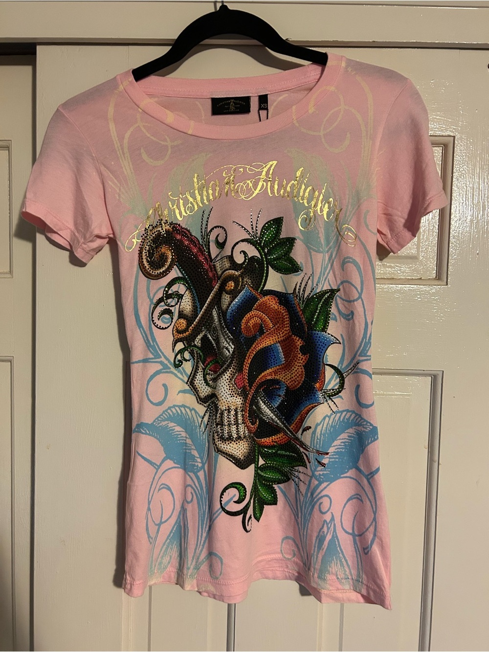Christian Audigier Pink Short Sleeve Tee with Floral Skull Graphic